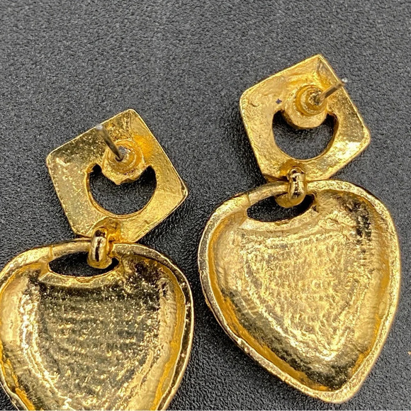 Gothic Style Dripping Heart Gold Plated Dangle Earrings with Rhinestone Accent - Picture 3 of 9